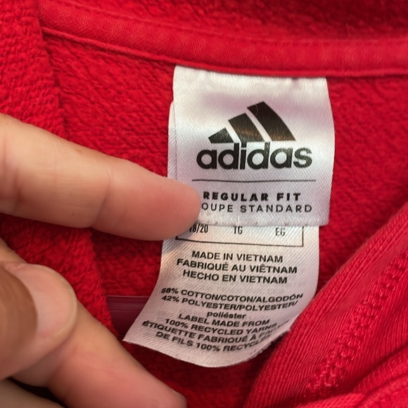 Youth L (18-20) Adidas hooded sweatshirt red/black graphic Kangaroo pouch/pocket - Picture 3 of 8